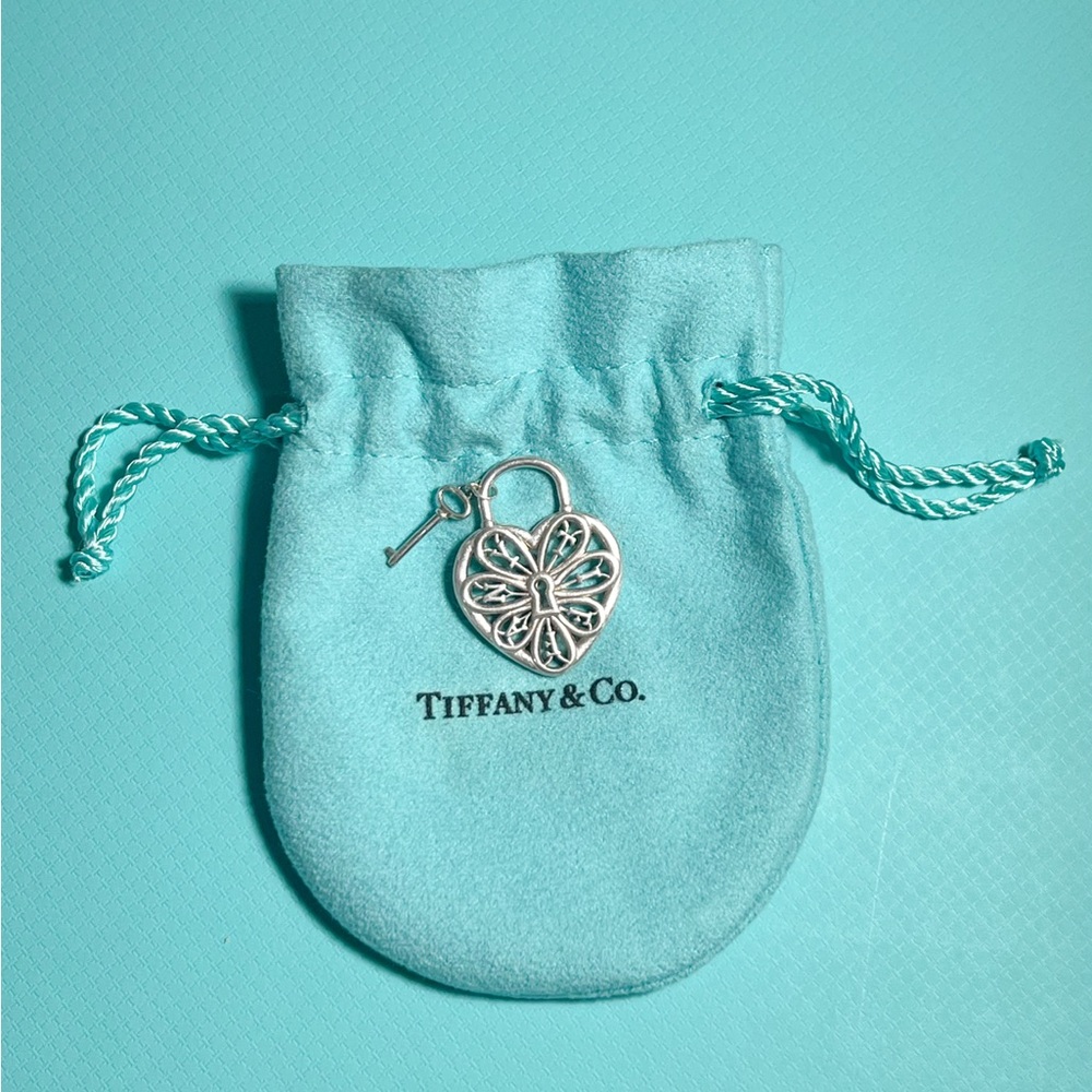 Tiffany & Co Sterling Silver Filigree Heart and Key Pendant - No Chain